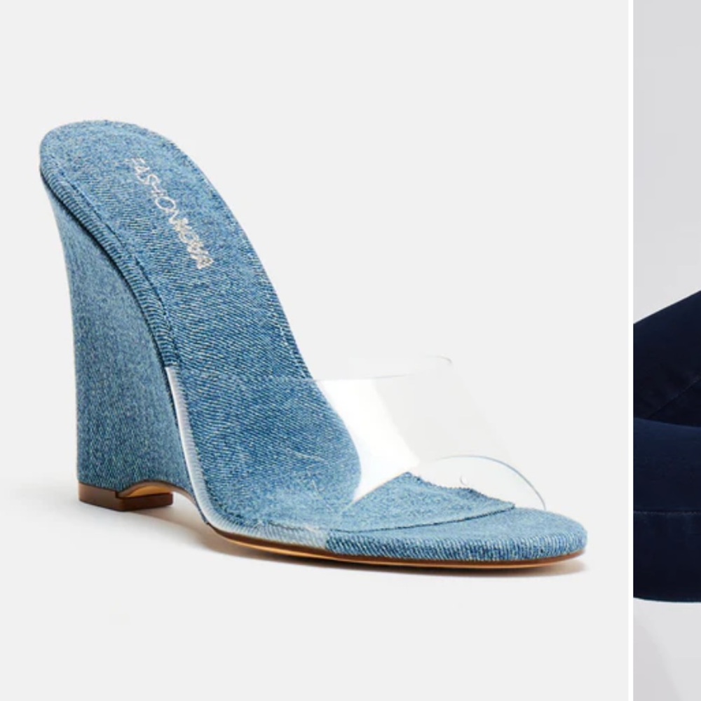 Denim Wedge Mules with Clear Strap